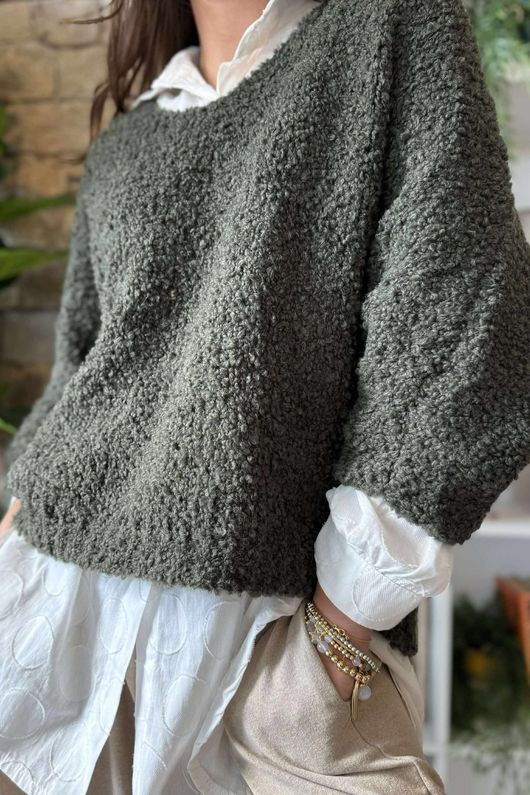 Hygge Boucle Slouch Knit Khaki